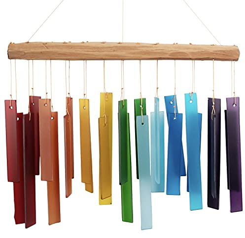 Blaues Handworks-Farbspektrum-Windspiel aus Glas und Treibholz, sandgestrahltes Glas und Fundholz, handgefertigt | Buntes sandgestrahltes Glas und gefundenes Treibholz, handgefertigtes Windspiel für den Außenbereich