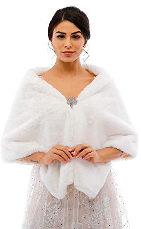 Jovono Frauen Braut Hochzeit Kunstpelz Schal Wrap Braut Pelz Schal Stola Fur Wraps und Tücher für Frauen (Weiß)