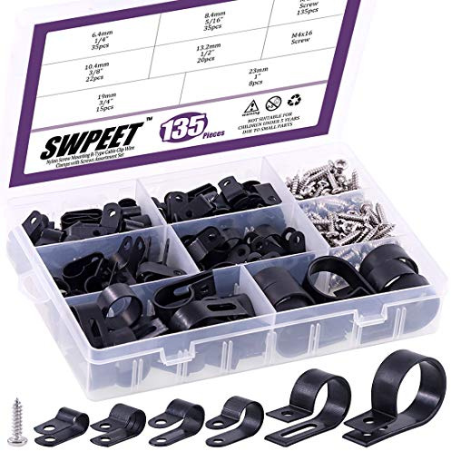 Swpeet 135 Pack 6-Größen Schwarz Nylon Kunststoff R-Typ Kabelclips Klemmen Sortiment Kit, 1/4 5/16 3/8 1/2 3/4 1 Nylon Schraubschnur Befestigungsclips mit 135 Pack Schrauben für Drahtmanagement