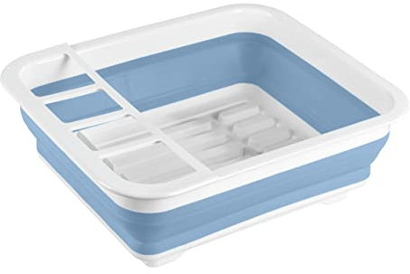 WENKO Geschirrabtropfer Gaia faltbar, zusammenfaltbarer Geschirr Abtropfständer für die Küche, Abtropfgestell mit Besteck-Halter und Tellerständer, Kunststoff, 36,5 x 13 x 31 cm, Blau/Weiß