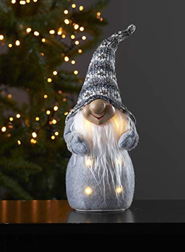 LED Weihnachtsfigur Joylight von Star Trading, Deko Wichtel aus Stoff und Kunststoffkörper mit Beleuchtung in Grau und Weiß, warmweiß, batteriebetrieben, Höhe: 40 cm