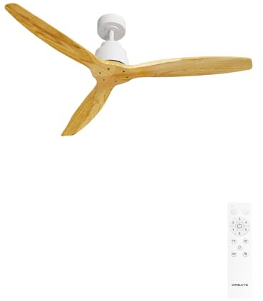 CREATE / WINDSTYLANCE NATURAL WOOD/Ventilateur de plafond avec télécommande, blanc pales en bois naturel / 40W, Silencieux, Ø132 cm, 6 vitesses, minuterie, été-hiver, double hauteur