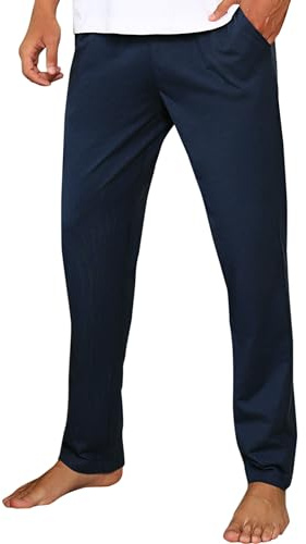 Litherday Pantaloni Pigiama Uomo 100% Cotone Tinta Unita, Pantaloni Lunghi da Notte con Tasche Laterali ed Elastico in Vita, Comodi Invernali Casa Blu Scuro M