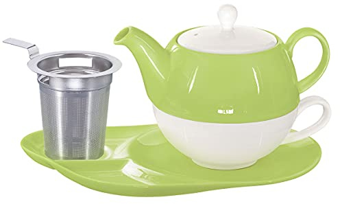 tea4chill Buchensee Tea for One mit Sieb Lena 500ml aus Crystal Bone China Porzellan in grün. Teekanne + Teetasse + Untertasse mit Ablageflächen + Sieb