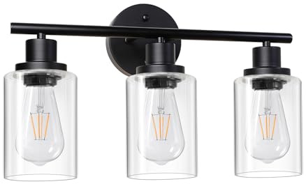 Unicozin Modern Bathroom Light Fixtures, 3 Light Vanity Lights, Black Wall Lamp with Clear Glass for Bathroom, Mirror, Living Room, Bedroom, Hallway, E26 Base
