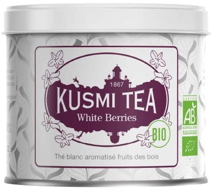 Kusmi Tea - White Berries - Té Blanco Orgánico de Frutos del Bosque - Aromas Naturales de Grosella, Fresa, Mora - Disfrutar Caliente o con Hielo - Lata de Té de 90g - Cantidad para aprox. 50 tazas