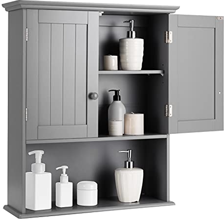 Multigot Wooden Bathroom Cabinet (Grey, with Wooden Handles) | Wall-Mounted Storage Cabinet with Adjustable Shelf and Compartment, Modern Toilet Cupboard Storage Unit