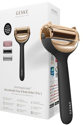 GESKE | SmartAppGuided™ MicroNeedle Face & Body Roller | 9 in 1 | Derma Roller | mit Rosenquartz- & Kühlaufsatz | Elektrisches Microneedling-Gerät | Nadelroller | Beauty Roller für Gesicht und Körper