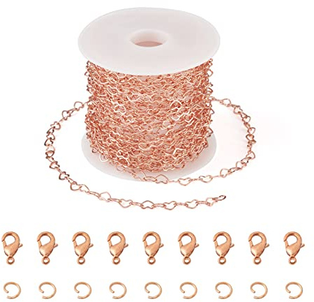 Roségoldene Herz-Gliederketten, langlebig, plattiert, 5 m, Schmuckherstellung, Kette mit Biegeringen, Karabinerverschlüssen für Frauen, DIY-Armband, Halskettenherstellung
