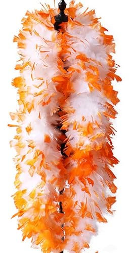SYSUII Federboa Weihnachtsboa, 200CM Federboa zum Basteln Flauschige Truthahnfedern Federboa DIY Frauen Verkleidung Dekorationen Federstola Federschal für Weihnachten Karneval Theater -Orange + Weiß