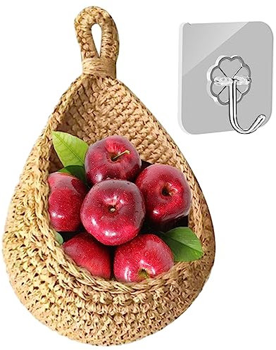 Mafagwre 1 Stück Obstkorb Hängend Korb Geflochten,obstkorb Wand Hängekorb Mit Haken,Handgewebt Küche Aufbewahrung Wandkorb Obstkörbe,Gemüse Aufbewahrung Organisation Deko,Fruit Basket (L)