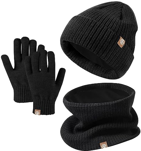 Baynetin Set Invernale Bambini 3 Pezzi: Cappello di Maglia, Sciarpa e Guanti Touchscreen - Berretto con Fodera in Pile Caldo per Ragazze e Ragazzi 5-12 Anni (Nero)