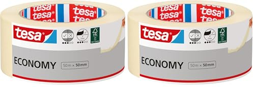 tesa Malerband ECONOMY - Vielseitiges Klebeband für Malerarbeiten ohne Lösungsmittel - Bis zu 4 Tage nach Gebrauch rückstandslos entfernbar, 50 m x 50 mm (Packung mit 2)