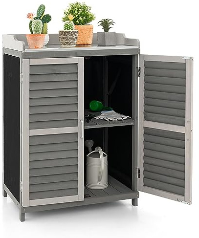 GOPLUS Table de Rempotage en Bois de Sapin avec Plateau Métal, pour Outils | Armoire de Jardin Extérieur 67 x 46 x 99,5 CM, Étagère, 2 Portes Magnétiques à Persiennes, Rideaux Latéraux pour Plantes