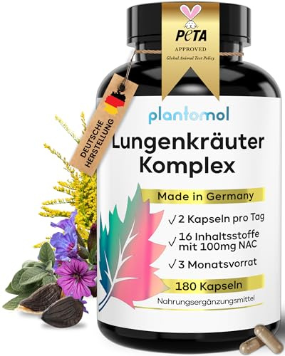 16fach Lungenkräuter Komplex - Lungenkraut Kapseln hochdosiert - plantomol | Lungenkraut hochdosiert mit Malvenblättern Thymian Primzelwurzel Eukalyptus Salbeiblättern & Ingwer - Lungwort hochdosiert