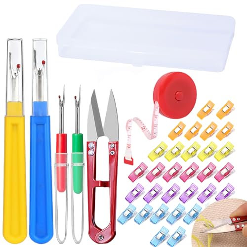 DALAETUS 37 Stück Nahttrenner Set, 4 Nähen Nahttrenner mit 1 Scheren und 1 Maßband und 1 Aufbewahrungsbox und 30 Nähclips, Nahtauftrenner für DIY