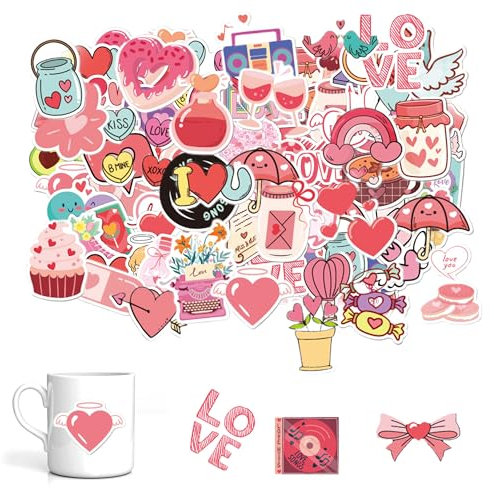 100PCS Love Heart Shaped Pink Cute Heart Stickers - Waterproof Scrapbooking Stickers Decorations Set for Laptop, Computer, Luggage, Skateboard, Water Bottles and Scrapbook