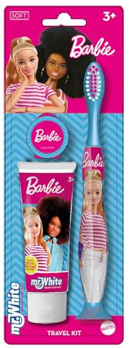 Barbie Kids Toothbrush Travel Set – Includes Strawberry-Flavoured Toothpaste & Soft-Bristle Toothbrush with Suction Cup & Protective Cap | Travel-Friendly Oral Care Kit for Children Ages 3+