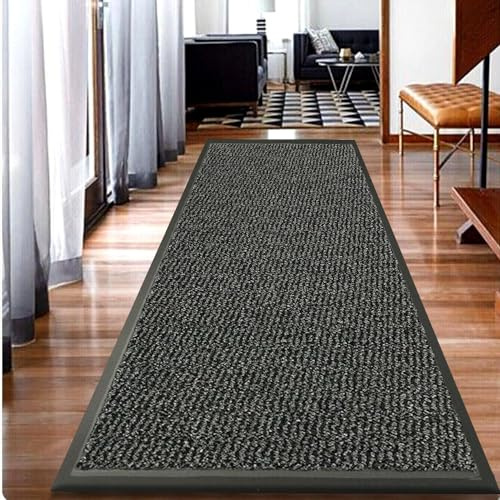 Fit Even Dirt Trapper Door Mat for Indoor - Heavy Duty Non Slip Rubber Backing Front Door Mat Runner Rug for Hallways Waterproof Kitchen Floor Mat Grey - 60 x 180 cm