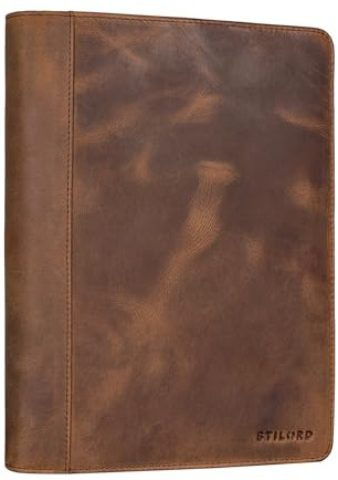 STILORD Leif Kleine Dokumententasche Leder DIN A5 Schreibmappe Aktenmappe Organizer Dokumentenmappe Reißverschluss Vintage Echtleder Konferenzmappe Farbe:Sepia - braun