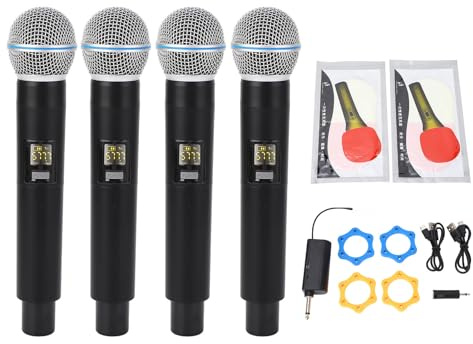 PUSOKEI Microphone sans Fil, Système de Micro Dynamique sans Fil VHF 4 avec Récepteur Rechargeable, Portée de 164 Pieds, Microphone pour Chant, karaoké, Système de Sonorisation, Parole