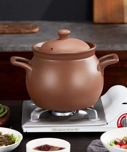Red Zisha Unglazed Earthen Cookware Stock Pot, Natural Terracotta Pan Ceramic Casserole Dish, Clay Pot with Lid for Cooking Rice, Hot Pot, Dolsot Bibimbap and Soup (5.28QT(5L))