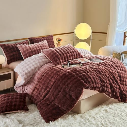 YASMENG Bettbezug Flanell, 240 x 260 cm, Winter, warm, Farbverlauf, Rosa, Braun, Plüsch, Langflor, Bettwäsche, Flanell, weich, flauschig, Bettwäsche mit Reißverschluss und Kissenbezügen, 65 x 65 cm