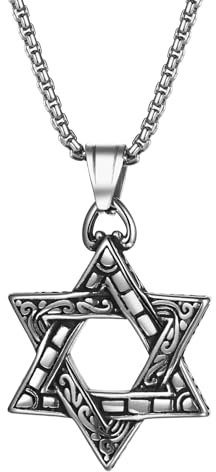 JewelryWe Davidstern Anhänger Halskette Herren: Vintage Edelstahl Kette mit Hexagramm Jüdisch Sechszackige Stern Anhänger Religiöses Amulett Schmuck Silber