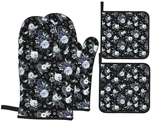 Topflappen Und Topflappen Set Von 4 Marineblau Schwarz Weiß Blumenschwarz Grillhandschuhe Doppelschicht Topfhandschuhe Wasserfeste Kochhandschuhe, Für Grillen, BBQ, Backen