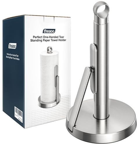 theaoo Heavy-Duty Stainless Steel Paper Towel Holder with Tension Arm – Easy One-Handed Tear, Modern Standing Countertop Dispenser for Kitchen, Holds All Paper Towel Rolls (1, Silver)