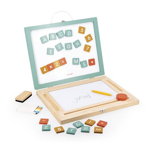 Janod Tavolo per Bambini in Legno 4 in 1-Set di 4 attività : Magic Adroise Bianca + Lavagna magnetica-49 Accessori Inclusi-da 3 Anni, J09626