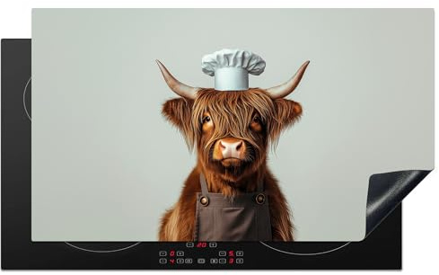 KitchenYeah© Induction Hob Cover Protector Mat 20.5x35.9 / 91.2x52 cm Kitchen Universal Ceramic Covers for Electric Cookers Vinyl Scottish Highlander - Brown - Horns - Chefs Hat