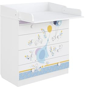 Shefa Kids Commode à langer éléphant avec ballon – 4 tiroirs, table pliante et commode pour chambre d'enfant, chambre de bébé, table à langer ergonomique