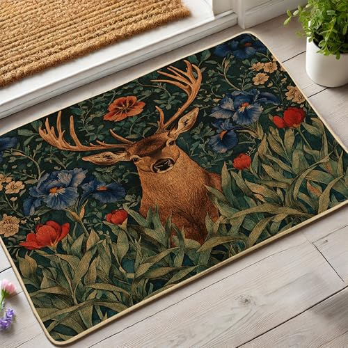 Fußmatte mit floralem Hirsch, lebendiges Grün und Braun, für Innen- und Außenbereich, rustikale Wildtiermatte, Gummi, wasserdicht, rutschfest, staubabsorbierend, leicht zu reinigen, 73,2 x 43,2 cm