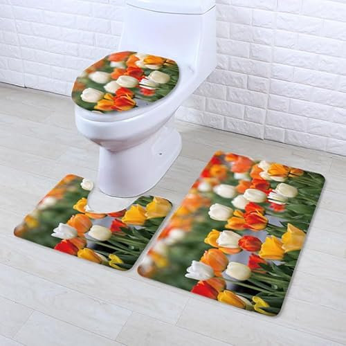 Bad Teppiche Set Orange Beige Blume Badezimmerteppich Waschbar WC Vorleger mit Ausschnitt und WC Deckelbezug 3 Teilig Badematte rutschfest Toilettensitzbezug Badgarnitur 50x80 cm