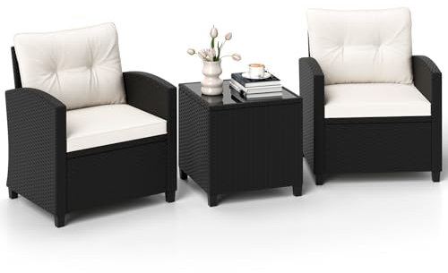 GIANTEX Rattan Gartenmöbel Set, Balkonmöbel Kleiner Balkon, Lounge Möbel Outdoor, Balkon Set 2 Personen, Balkonmöbel Set 3 teilig 2 Sessel & Tisch, Terrassenmöbel Garten Möbelsets inkl. Kissen