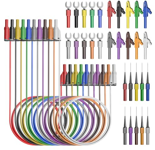 Cleqee Set di connettori a banana in silicone, 4 mm, completamente isolati, di sicurezza, rivestiti, impilabili, con morsetti a coccodrillo, test forcella posteriore, 40 pezzi, per test elettrici
