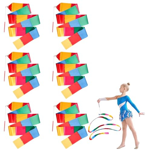 LONZIKP 6 PCS Nastro da Ginnastica con Bastone, Nastro da Ginnastica per Bambini, Streamer da Danza, Nastro per Ginnastica Ritmica, Nastri da Ballo per Allenamento di Danza Artistica (2M)