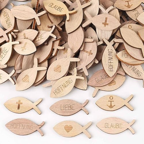 HERZWILD 100 Stücke Tischdeko Konfirmation Kommunion Taufe, Holzfische Deko Kommunion Konfirmation Taufe, Streudeko Fische Konfetti Holz für Junge Mädchen Firmung Deko (A)