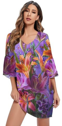 Vibrant Bouquet Lilies Robe courte en mousseline de soie imprimée Violet S-XXL, Bouquet de lys violet vif, XXL