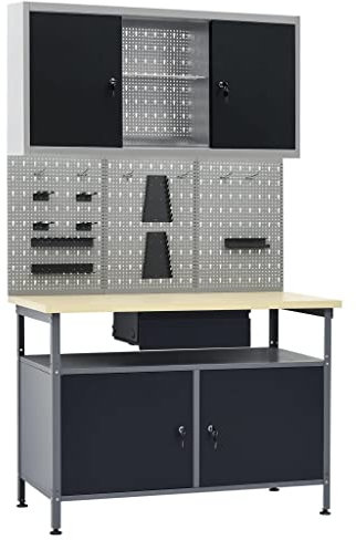 Werkbank mit 3 Werkzeugwänden und 1 Wandschrank, Snsowed Werktisch, Arbeitstisch, Schweißtisch, Maschinenuntergestell, Maschinentisch Spanntisch