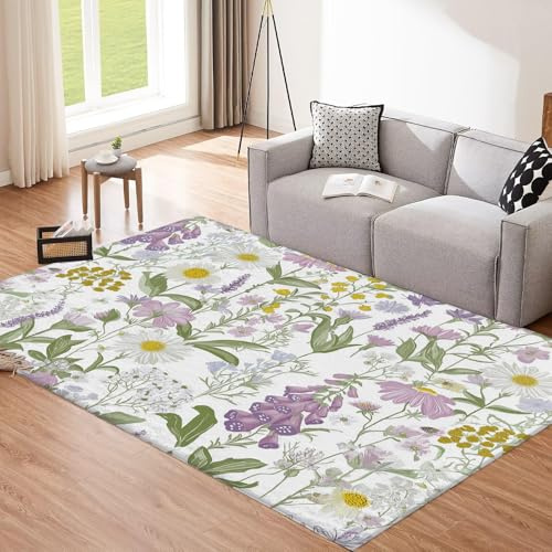 CEDNXOER Waschbarer Teppich Wohnzimmer Weiß 180x270cm Abstrakt Blumen Veilchen Blumen Kurzflor Teppich Groß Super Weich rutschfest Teppiche für Esszimmer Schlafzimmer