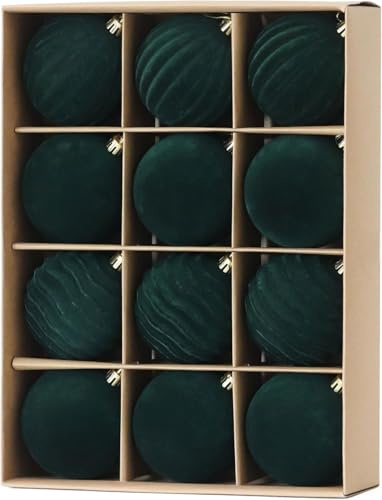LATERN 12Pcs Velvet Christmas Baubles, 8CM Green Flocked Christmas Ball Ornaments Shatterproof Christma Hanging Balls Sets for Christma Tree Holidays Home Xmas Party Decoration (3 Styles)
