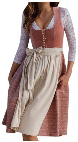 Dirndl longue pour femme - Robe traditionnelle élégante avec tablier Dirndl 2 pièces - Costume bavarois moderne - Robe traditionnelle raffinée avec boutonnière pour tenue de fête de la bière, rouge