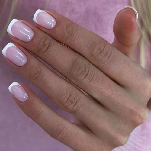 Viugex 24Pcs Faux Ongle Court Carrés, Élégants Blanc French Faux Ongles à Coller, Nude Rose Press on Nails avec Autocollants Adhesif, Soft Gel Ongles à Presser pour Femmes Filles Manucure Décoration