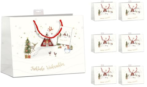 PremiumLine Geschenktüten Weihnachten Groß, Querformat | Hochwertig beschichtet & mit Beschriftungskarte | Stabil, Verstärkter Boden & Rand | FSC® Karton 210 g/m² | DIN A4 (32x26x12cm), 6 Stück