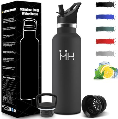 Mulbijeo Gourde Isotherme 500 ML, Réutilisable, Bouteille d'eau Sans BPA, Anti-Fuite, Gourde Inox avec Paille, Isolation sous Vide en Acier Inoxydable à Double Paroi, pour Camping, Écoles, Gymnases