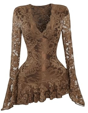 Milumia Women's Lace Ruffle Layer Sheer Mini Dress Deep V Neck Long Sleeve Short Dresses Brown Small