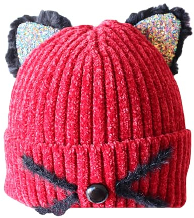 Generisch 2026 Bonnet tricoté mignon avec motif animal pour tout-petits enfants – Bonnet d'hiver chaud et doux avec oreilles de chat pour garçons et filles, rouge, 1-6 ans