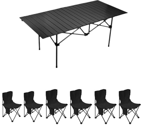 Tragbarer Campingtisch und Stühle aus Karbonstahl – Mehrzweck-Picknicktisch zum Aufrollen für Outdoor-Abenteuer, Heckklappe und Reisen